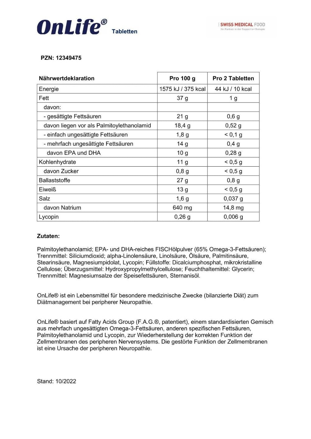 Onlife Tabletten Nährwertdeklaration Polyneuropathie behandeln Swiss Medical Food