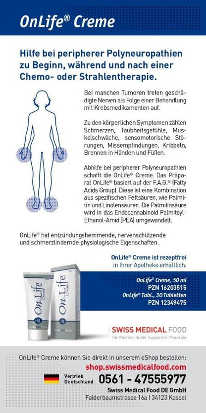 Swiss Medical Food Produktblatt Onlife Creme mit Überschrift "Hilfe bei peripheren Polyneuropathien bei Chemotherapie"