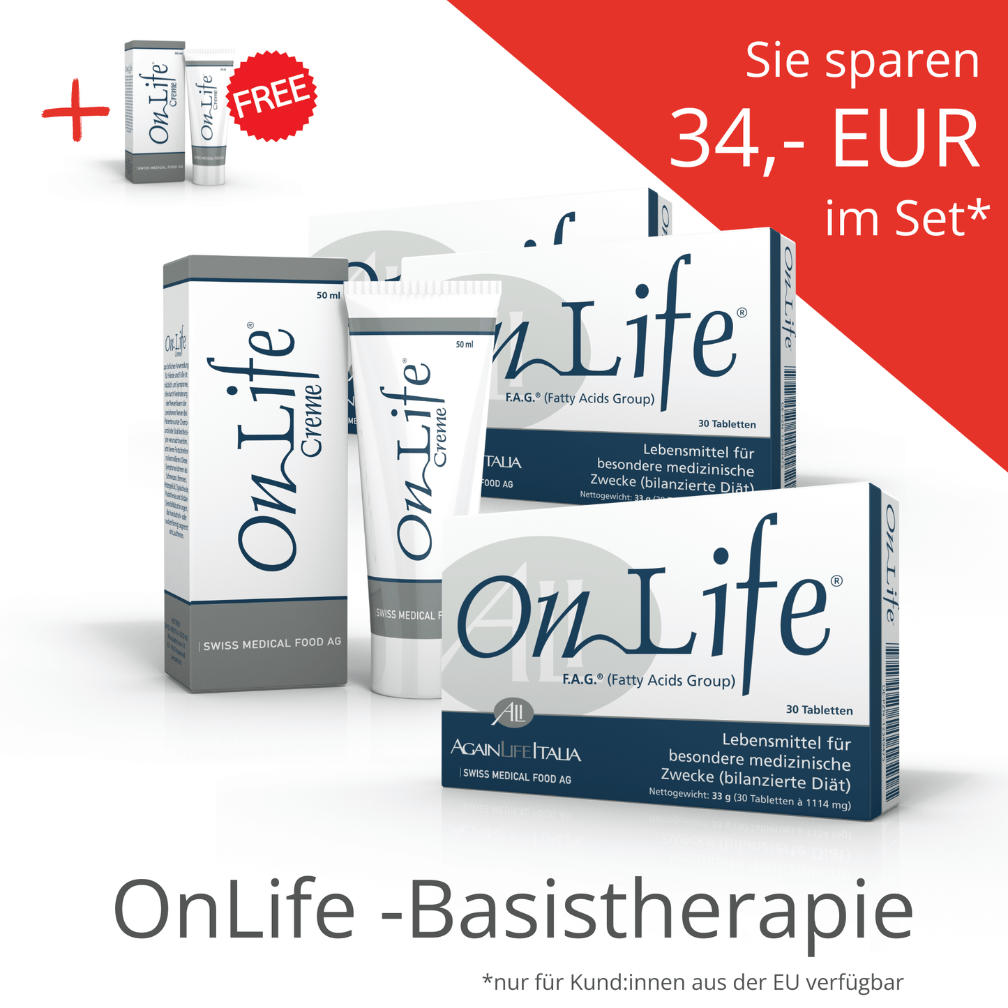 OnLife Basistherapie mit 3x OnLife Tabletten und 2x OnLife Creme mit 34 Euro Rabatt gegenüber Einzelpreis