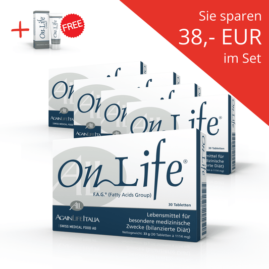 OnLife Tabletten 5er Set mit einer gratis Creme. Sie sparen 38 Euro.