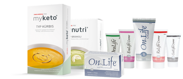 Verpackungen aller Swiss Medical Food Produkte: myketo, mynutri, Onlife, Oralife, Evalife, Ralife, Gutlife