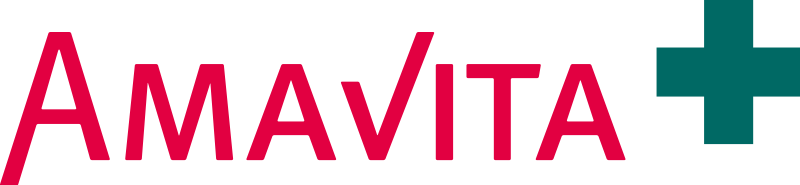 Logo Amavita in roten Buchstaben, großes grünes Pluszeichen daneben
