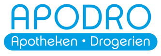 Logo Apodro in hellblau, auf hellblauem Hintergrund darunter Apotheken Punkt Drogerien