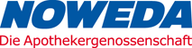 Noweda Logo Großbuchstaben in Dunkelblau. Darunter in rot "die Apothekergenossenschaft"