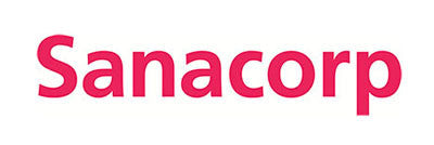 Sanacorp Logo rote Schrift auf weißem Hintergrund