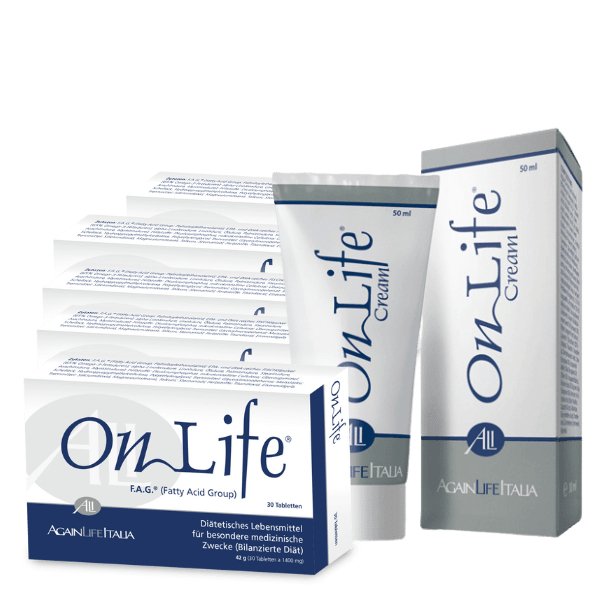 5 Onlife Tablettenpackungen hintereinander und daneben eine Onlife Creme Tube und Verpackung, Polyneuropathie natürlich behandeln