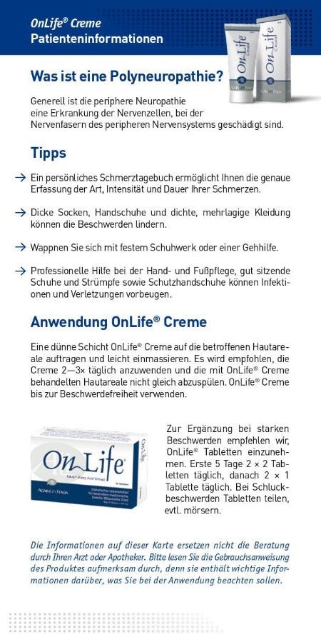 Swiss Medical Food Produktblatt Onlife Creme mit Überschrift "Was ist eine Polyneuropathie"